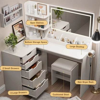 Furmax L Shaped Vanity Desk Set Corner Makeup Vanity Set with Adjustable LED Lighted Mirror & Power Outlets Dressing Table with Organizers, and Cushioned Stool, White