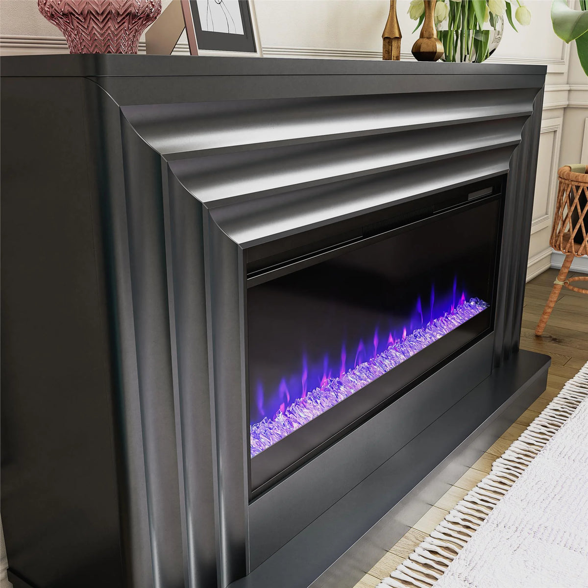 CosmoLiving by Cosmopolitan Rene Electric Fireplace Mantel 65" TV Stand with Multi-Color Flame and Crystal Ember Bed, Black