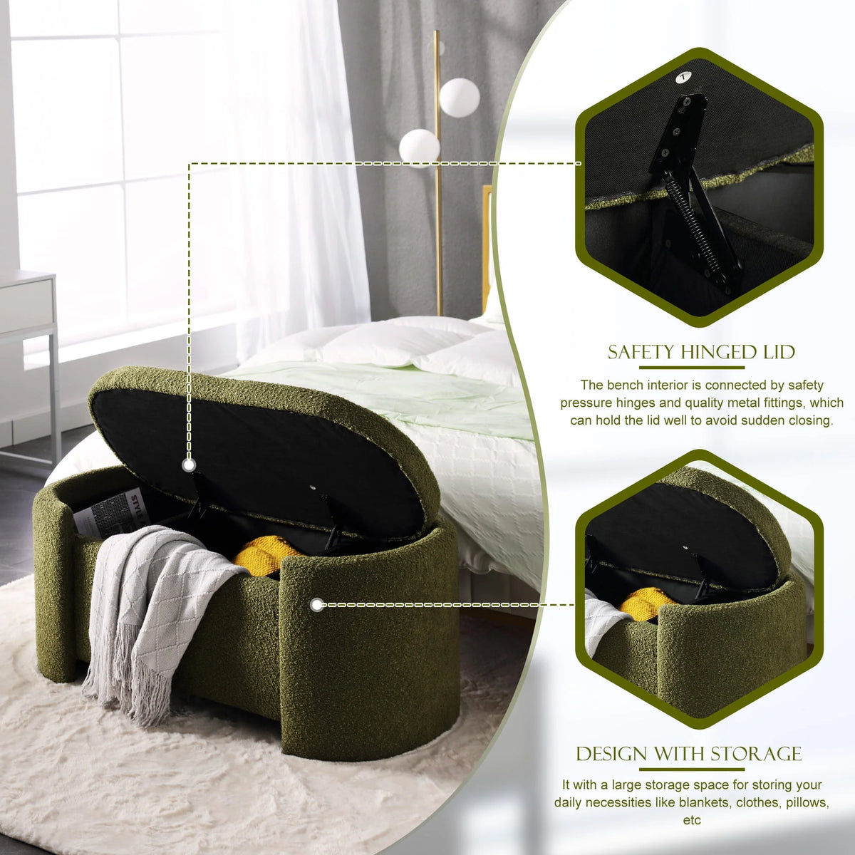 KINFFICT 43.3" Velvet End of Bed Bench for Bedroom, Upholstered Storage Ottoman Bench Entryway Bench with Storage for Living Room Bedroom, Green
