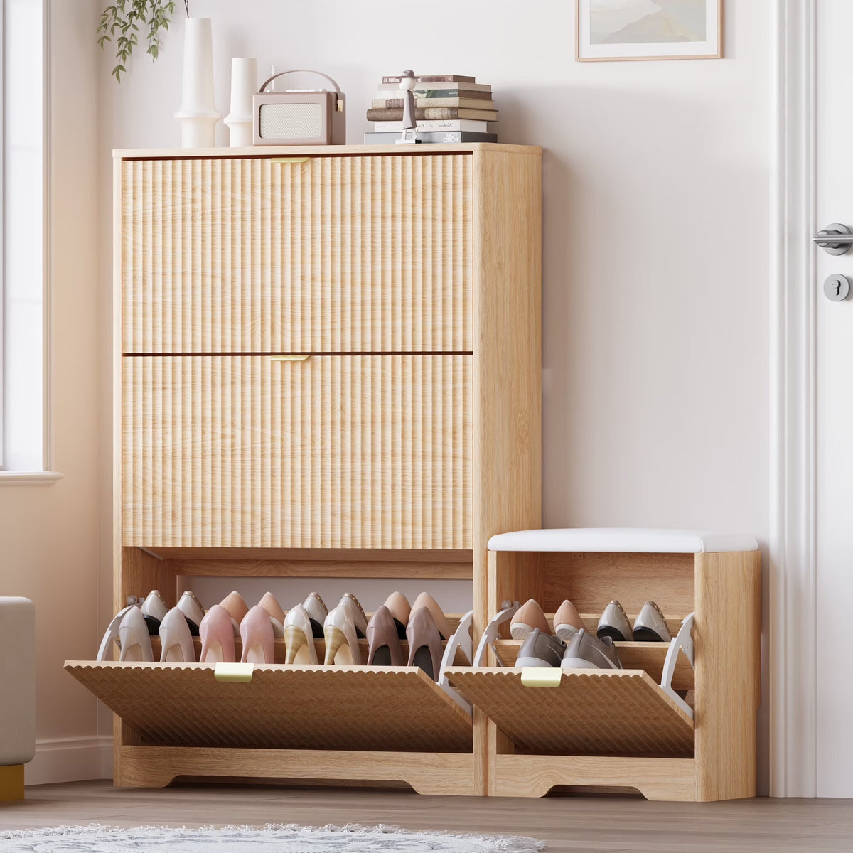 FANRAL Shoe Cabinet with 2 Flip Drawers & Open Storage,Fluted Shoe Storage Cabinet Rack Organizer with Adjustable Shelves for Entryway,Closet,Hallway,White
