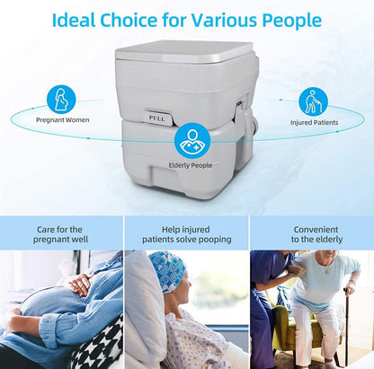Dextrus 5.3 Gallon Portable Toilet With Detachable Tank, Double Outlet Water Spout, Press Flush Pump, Travel RV Potty for Camping, Boating, Hiking, Trips, White&Gray