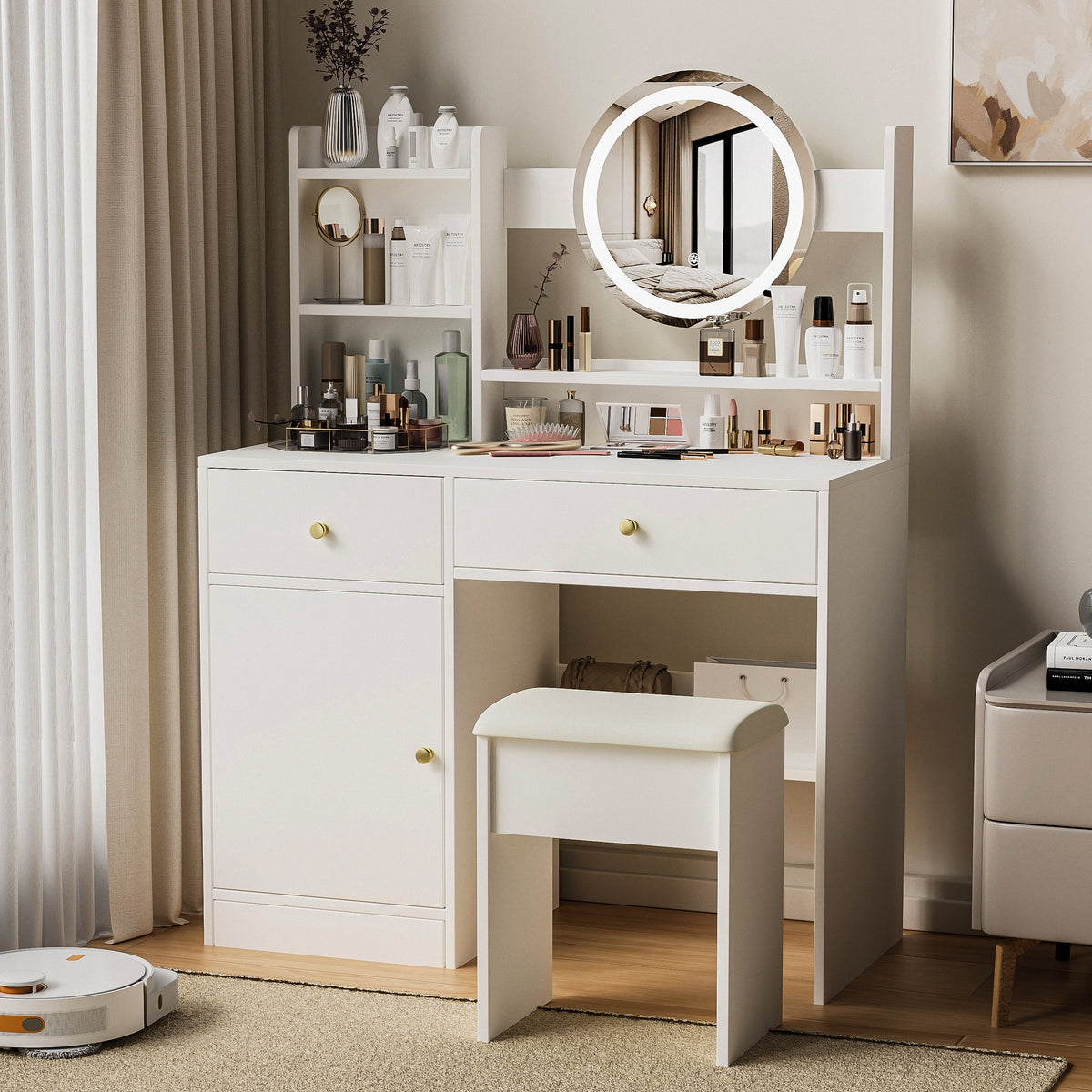 Montary Modern Mini Vanity w/Adjustable LED Mirror + Hidden Storage, Padded Stool & Dustproof Shelves (White)