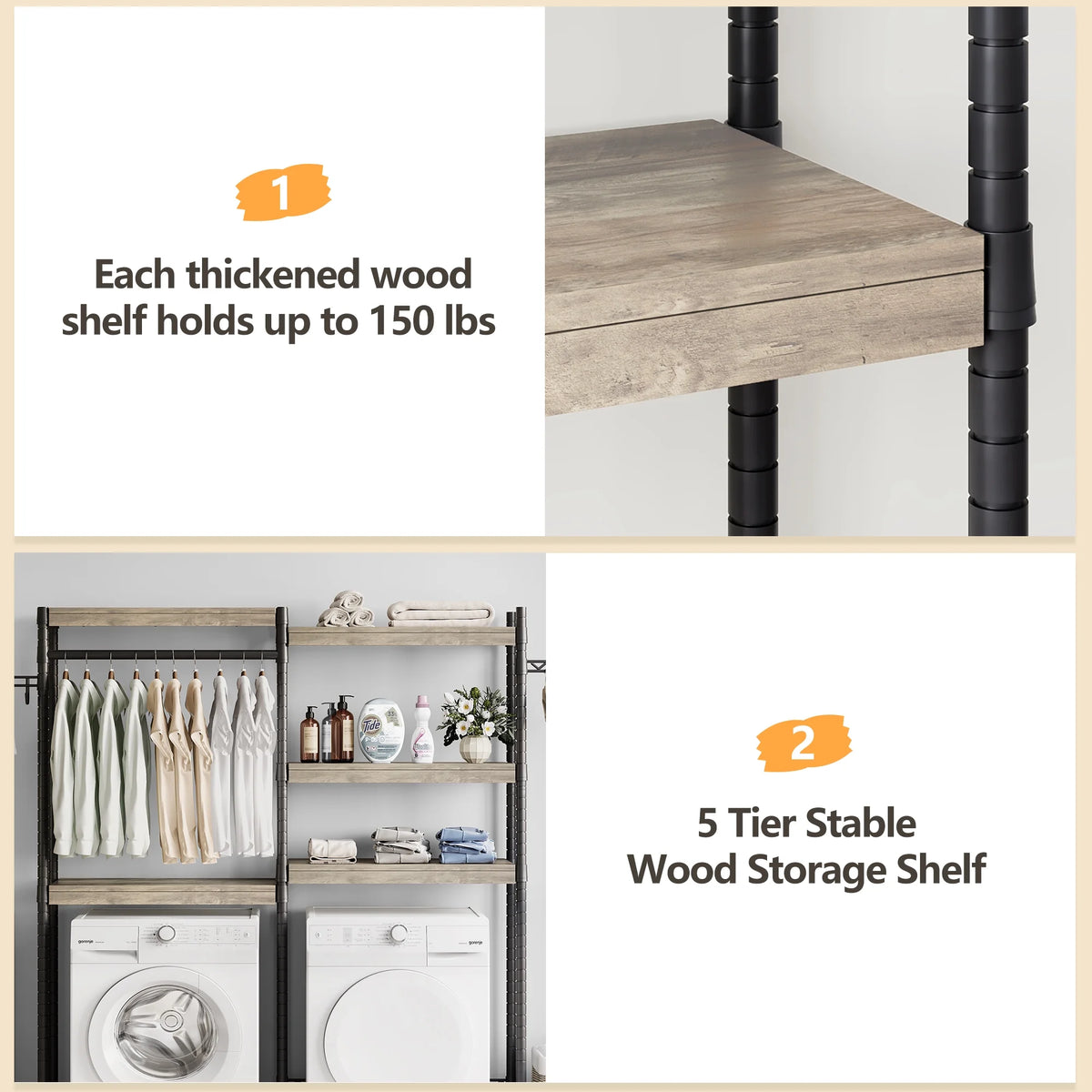 5 Tier Wood Over The Washer and Dryer Storage Shelf with Drying Clothes Racks Laundry Room Shelf Laundry Room Organization and Storage for Hanging Towels and Drying Clothes