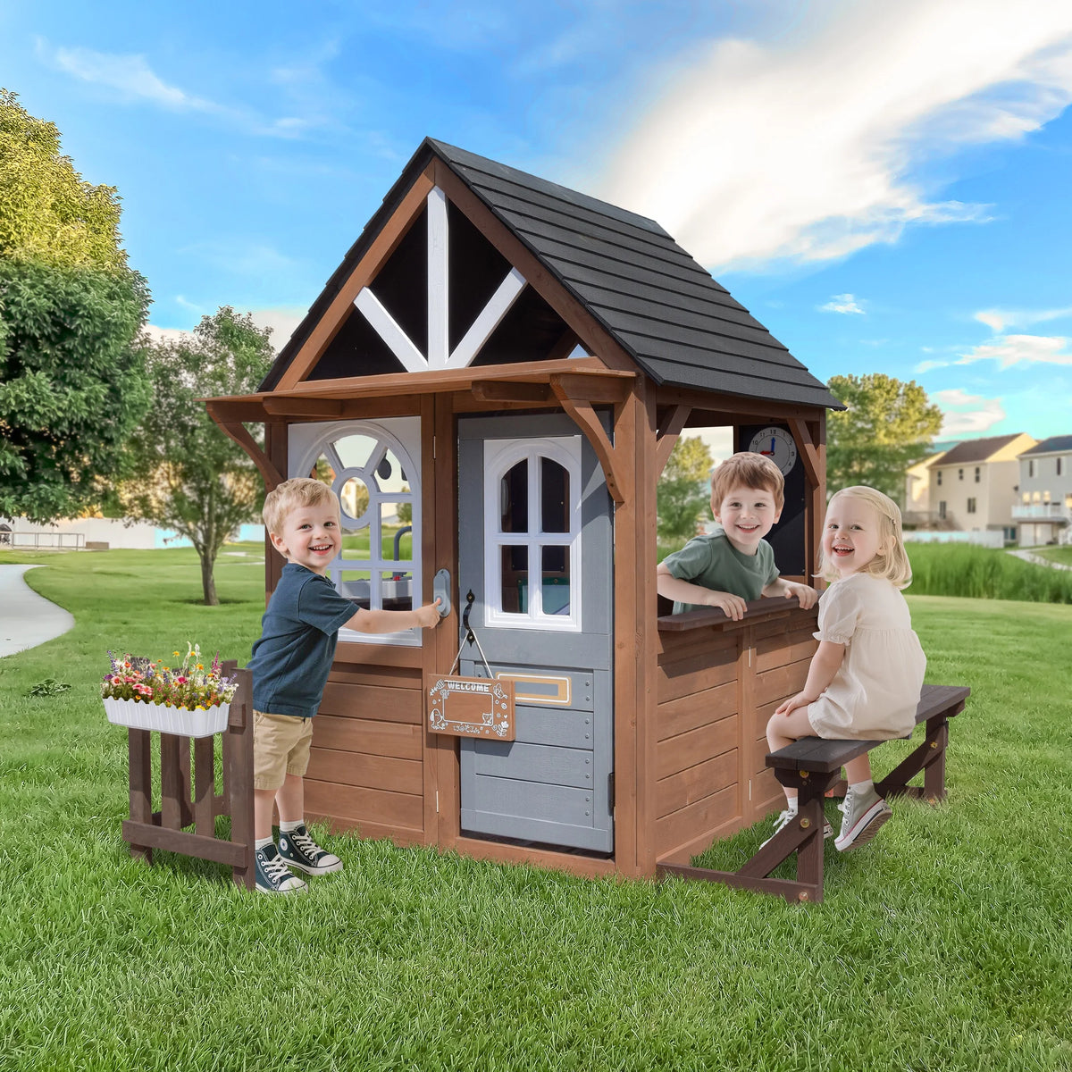 COCLUB Outdoor Playhouse, Wooden Playhouse for Kids Toddlers, Large Kids Playhouse with Bench/Fence/Kitchen/Door Nameplate/Pretend Phone, Girls Boys Outdoor Toy Gift for Ages 3+, (62.99"W* 67.32"L)