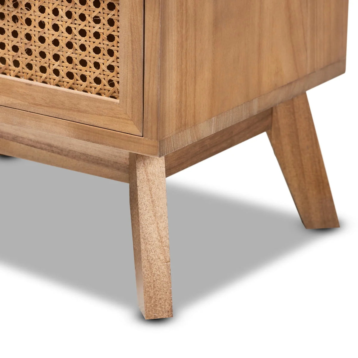 Baxton Studio Baden Mid-Century Modern Walnut Brown Finished Wood 2-Drawer Nightstand with Rattan,Wholesale Interiors