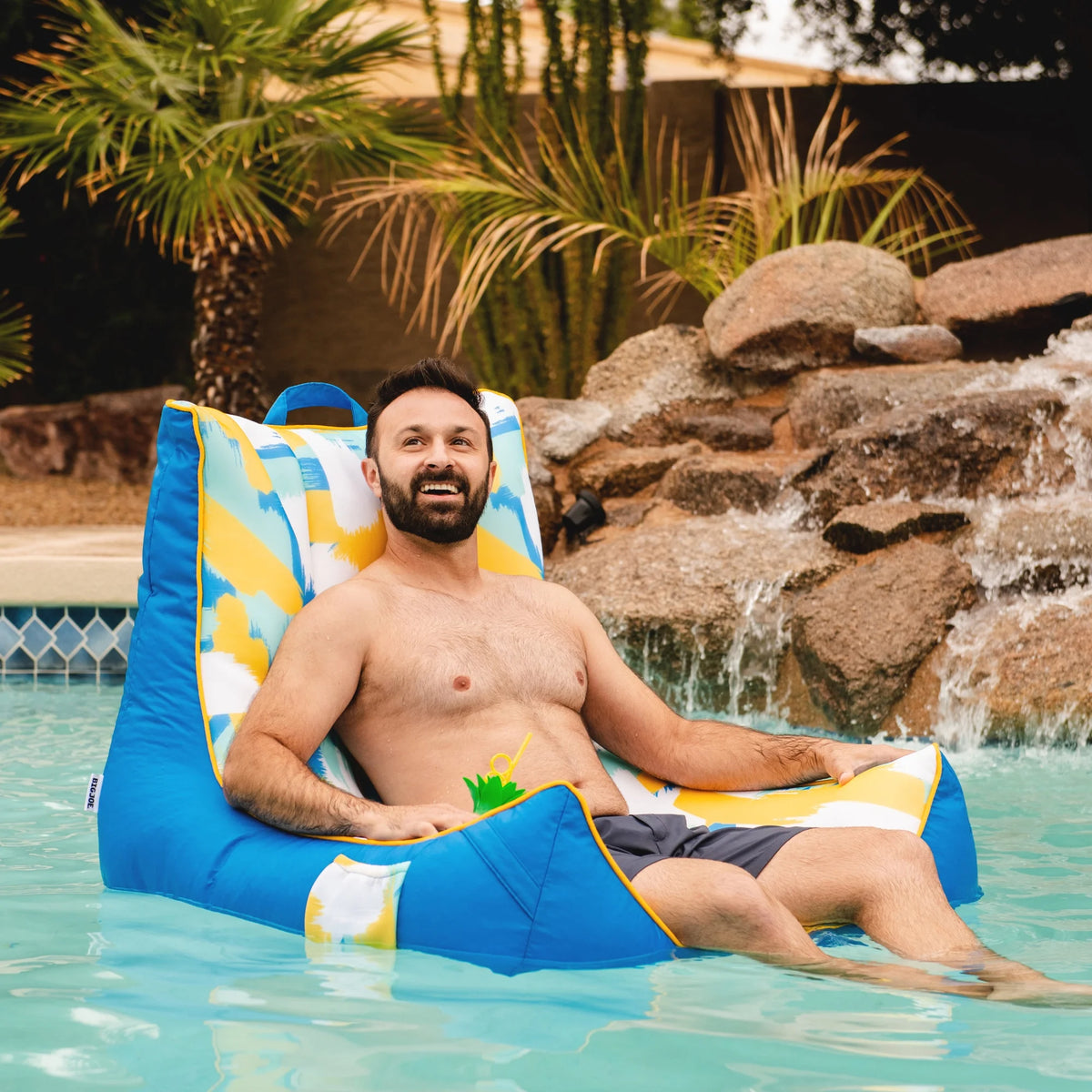 Big Joe Captain's Float No Inflation Needed Pool Lounger with Drink Holder, Tropical Hibiscus Aqua Double Sided Mesh, Quick Draining Fabric, 3 feet