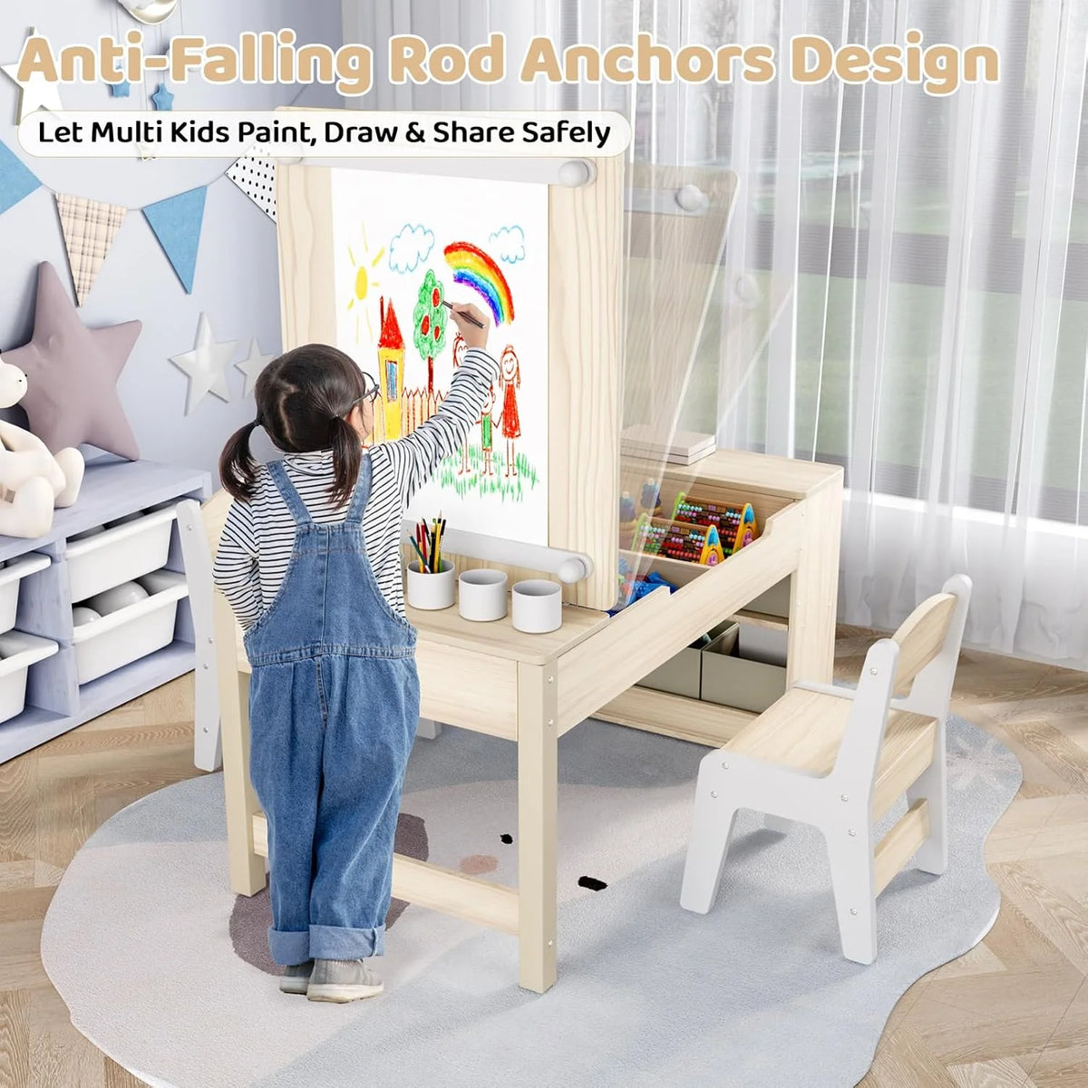 LAZY BUDDY Kids Art Table and 2 Chairs Set, 2 in 1 Easel & Toddler Craft Table and Chairs Set with Storage Bins, Paint Cups and Paper Roll, Activity Table Set for Children 3+