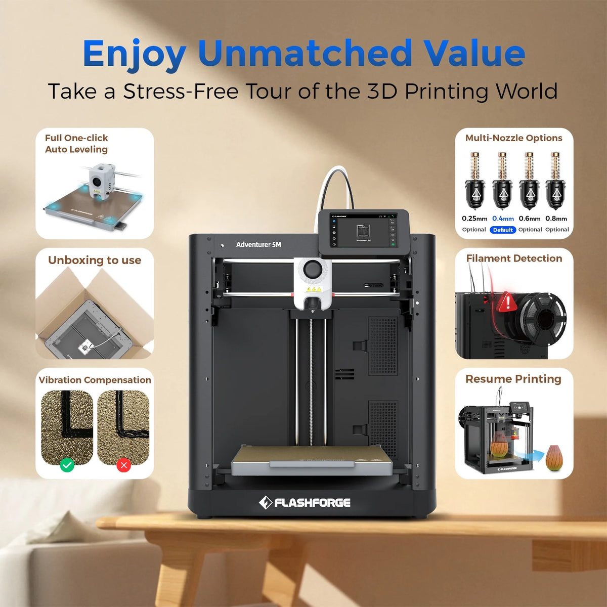 Flashforge 3D Printer Adventurer 5M, 3D Printers for Beginners Home DIY, High Speed Print Size 8.7 x 8.7 x 8.7in, Black