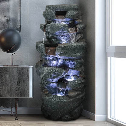 SunJet 40.5" Rock Water Fountain w/LED Lights - Outdoor 6-Tier Waterfall Fountain  for Garden Decor