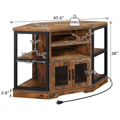 Dextrus Farmhouse Corner TV Stand for TVs up to 55 inch with Power Outlet, Wood Entertainment Center, TV Media Console with Storage, White Oak