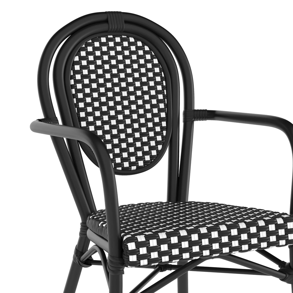 Merrick Lane Stacking Thonet French Bistro Style Chair with Arms, Black & White PE Rattan Seat, and Bamboo Finished Metal Frame for Indoor/Outdoor Use