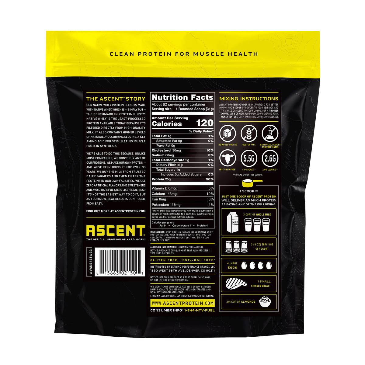 Ascent 100% Whey, Native Whey Protein Blend, Vanilla Bean, 4.25 lbs