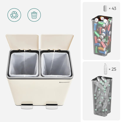 16 Gallon Dual Trash Can, Rubbish Bin and 15 Trash Bags, Metal, Almond Color