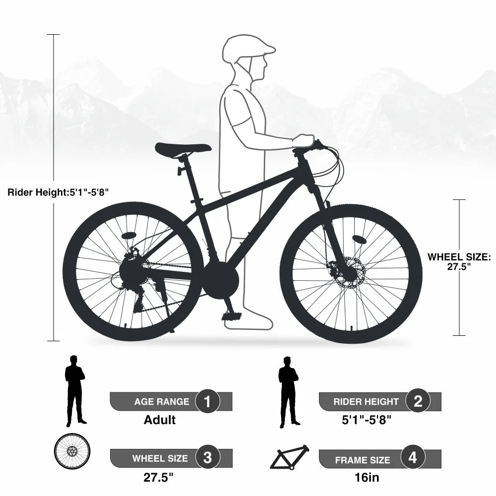27.5" MTB Mountain Bike for Men - 21-Speed Aluminum Alloy Frame, Front Suspension, Double Disc Brakes | Adult All-Terrain Bicycle