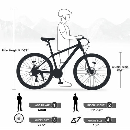 27.5" MTB Mountain Bike for Men - 21-Speed Aluminum Alloy Frame, Front Suspension, Double Disc Brakes | Adult All-Terrain Bicycle