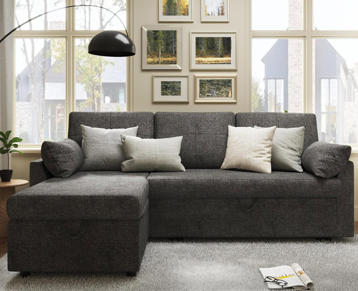 VANACC Sofa Bed, Adult Sleeper Sofa with Storage Chaise, Pull Out Couch for Bed Room, Gray Chenille