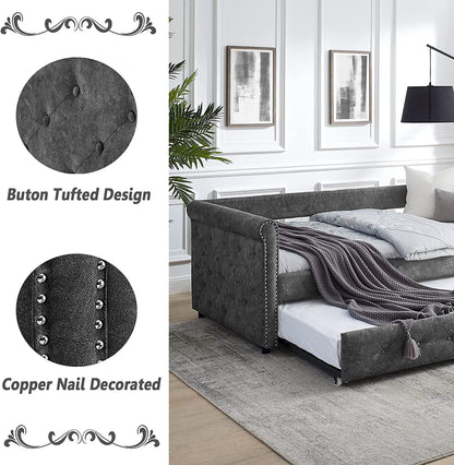 Daybed with Trundle, Muumblus Modren Kids Pull Out Sofa Bed for Bedroom & Living Room, Twin Size, Grey Linen Upholstered