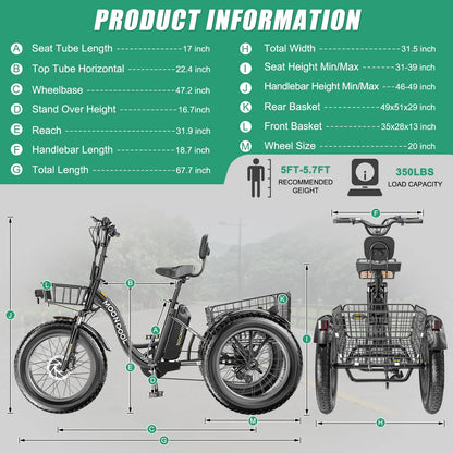 20" x 4" Fat Tire Electric Tricycle for Adult, 7 Speeds Electric Trike 48V 500W Motorized Tricycle , Electric Three Wheels Bicycle for Senior, Aluminum Frame & Rear Basket ,16mph
