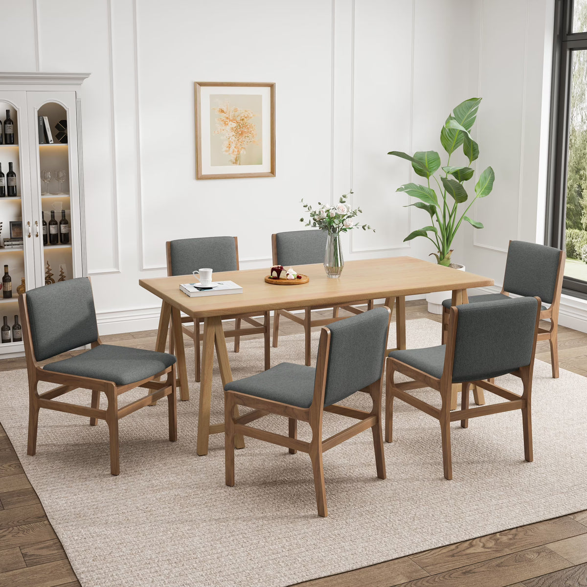 GDF Studio Modern 7 Piece Dining Set, 71" Rectangular Table with 6 Upholstered Side Chairs, Solid Wood Legs, Dark Gray+Oak