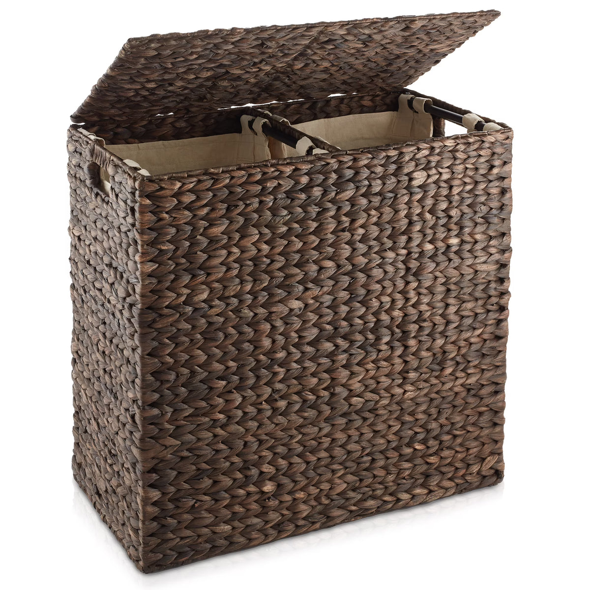 Casafield 2-Section Laundry Hamper with Lid and Removable Liner Bags - Natural, Woven Water Hyacinth Laundry Basket for Clothes