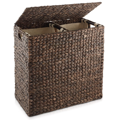 Casafield 2-Section Laundry Hamper with Lid and Removable Liner Bags - Natural, Woven Water Hyacinth Laundry Basket for Clothes