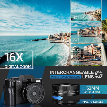 NBD Digital Camera 4K Ultra HD 48MP All-in-One Vlogging Camera with Wide Angle Lens, Digital Zoom 16x and 3" Screen
