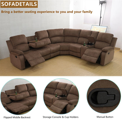 Aukfa 3-Piece Recliner Sofa Set, 6 Seat Sectional Couch with Cup Holders&Storage Console, Gray