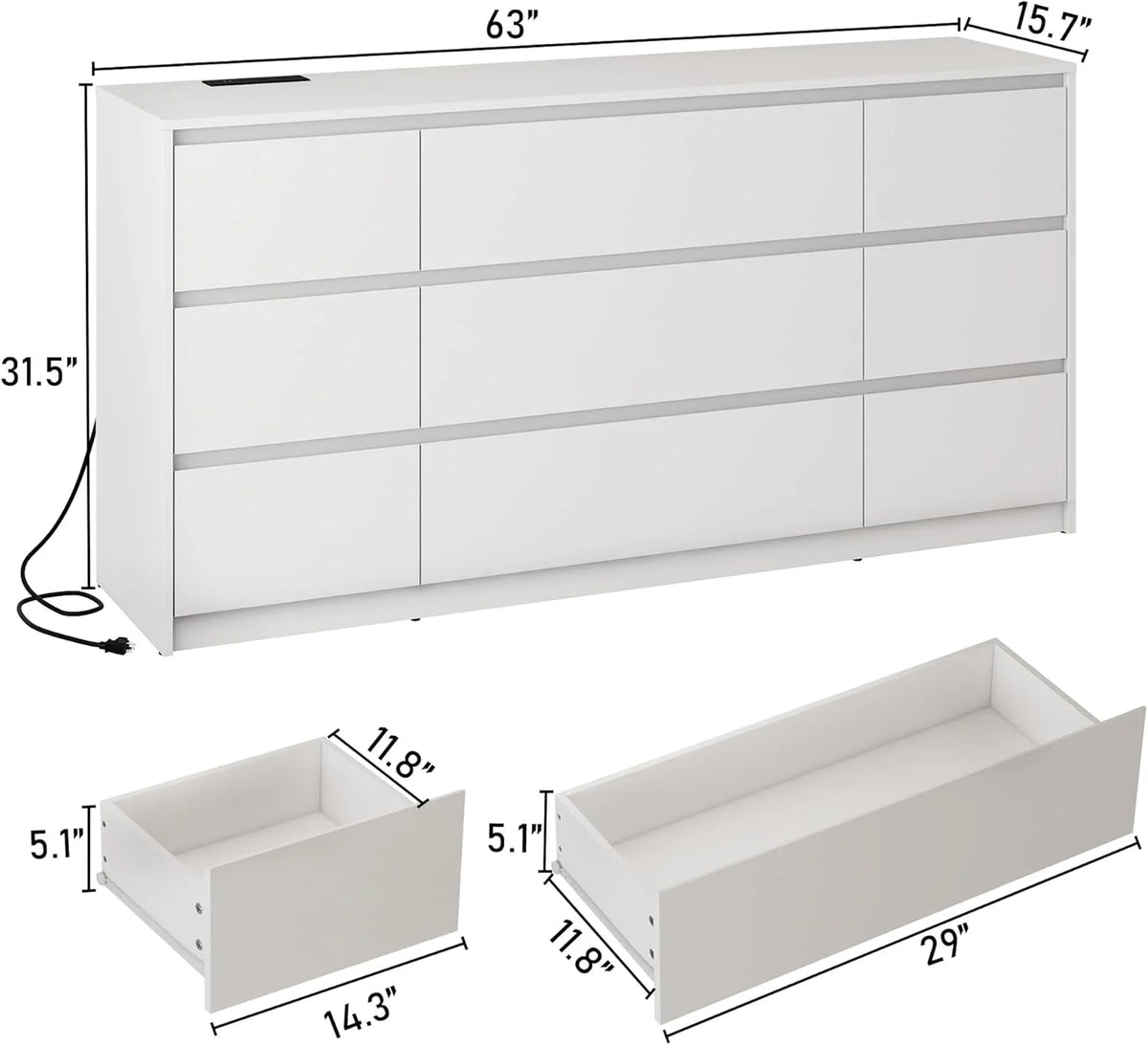 ChVans Black 9 Drawers Dresser with Charging Station, 63" Long Modern Dresser with 9 Drawers for Bedroom, Large Wood Chest of Drawers Handle Free, Dresser for Bedroom, Living Room, Hallway