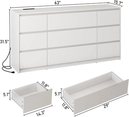 ChVans Black 9 Drawers Dresser with Charging Station, 63" Long Modern Dresser with 9 Drawers for Bedroom, Large Wood Chest of Drawers Handle Free, Dresser for Bedroom, Living Room, Hallway