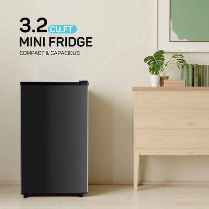 Upgraded Mini Fridge with Freezer, Compact Single Door, 3.2 Cu.Ft , Adjustable Thermostat, Low Noise, Perfect for Bedroom, Dorm, Office, 17.5" D x 17.7" W x 31.5" H, Black