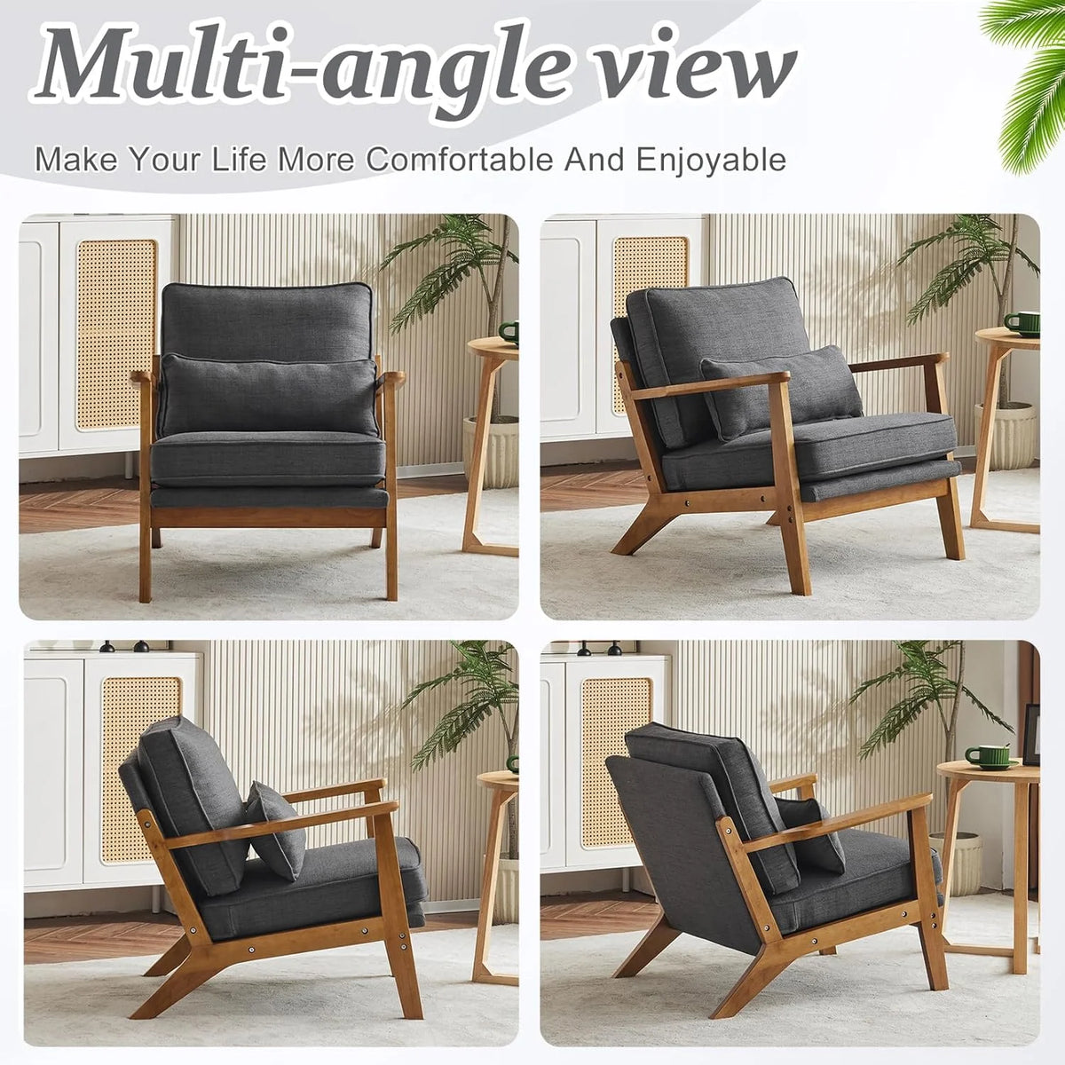 RWTFGV Solid Wood Wide Armrests Accent Chair,Upholstered Mid Century Modern Chair with Pillow,Comfy Reading Chair Farmhouse Arm Chair,Chairs Living Room,Bedroom,Guest Room,Linen Fabric,Beige