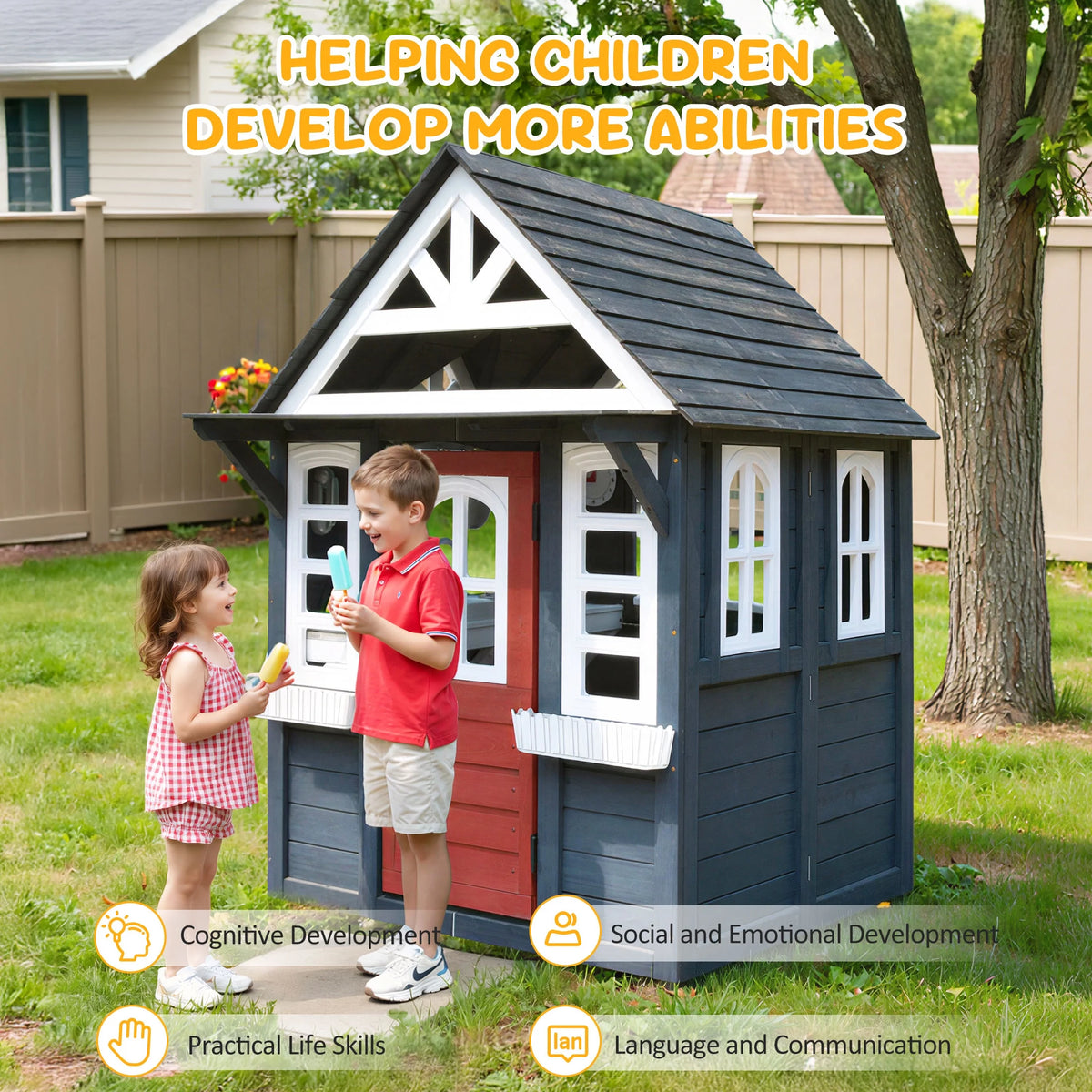 COCLUB Outdoor Playhouse for Kids Ages 4-8, Wooden Play House with Doorbell, Phone, Kitchen Toys, Outdoor Kids Play Equipment, Casa Para Ni?as (45��L x 65��H), White & Black