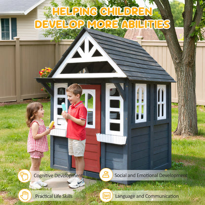 COCLUB Outdoor Playhouse for Kids Ages 4-8, Wooden Play House with Doorbell, Phone, Kitchen Toys, Outdoor Kids Play Equipment, Casa Para Ni?as (45��L x 65��H), White & Black