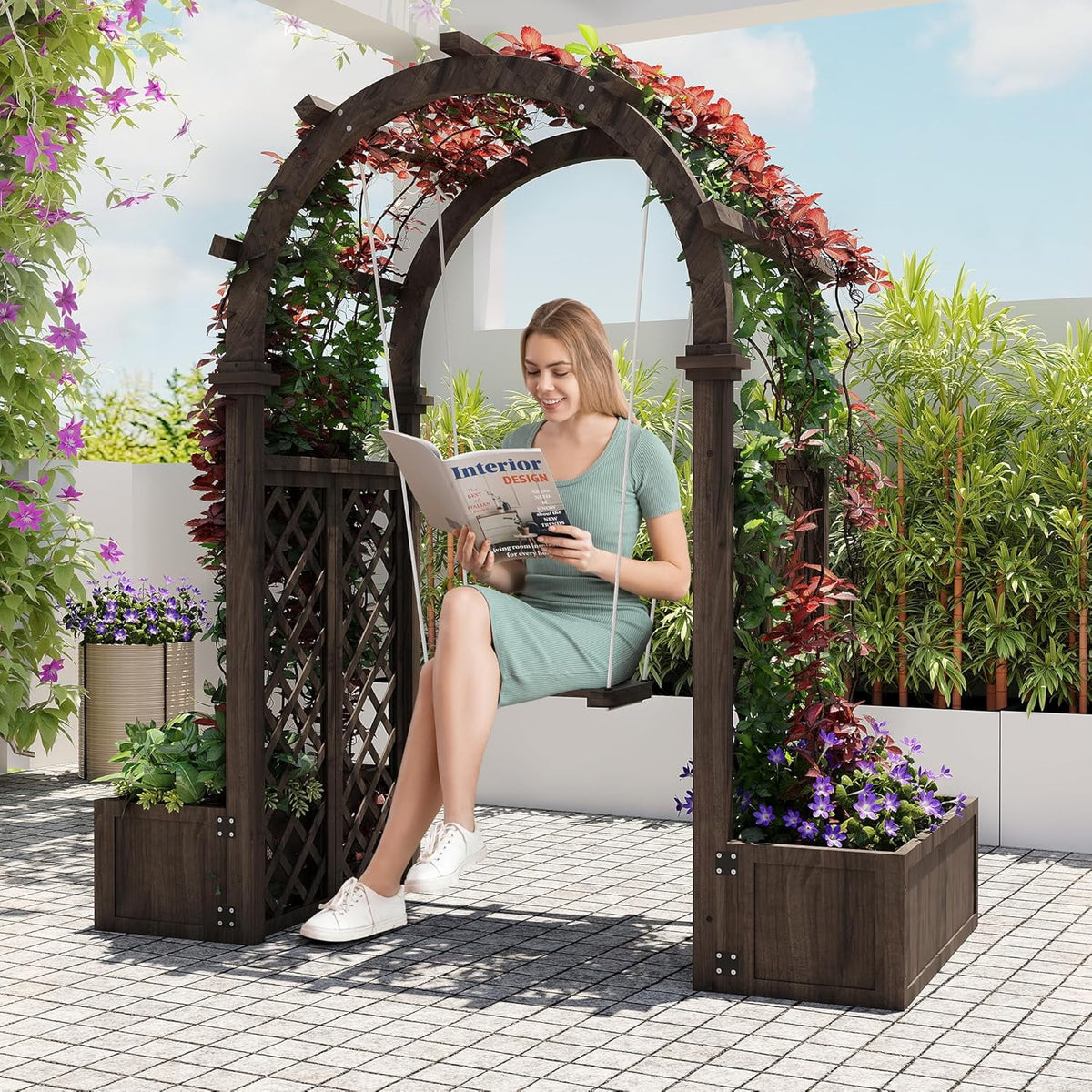 Wooden Garden Arbor with Planter&Swing,Outdoor Arbor Trellis for Climbing Plants, Roses, Vines, Outside Pergola Planter, Garden Arch for Lawn Backyard Wedding Ceremony Bridal Party