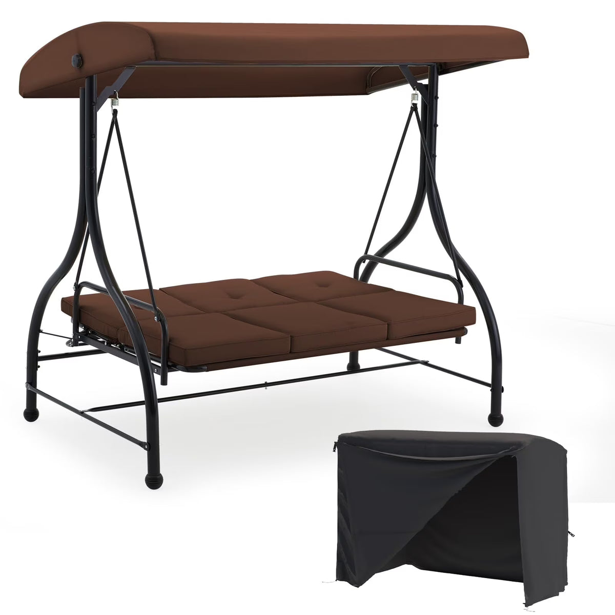 AECOJOY 3 Person Canopy Steel Porch Swing, Converting Swing Glider Hammock-Beige