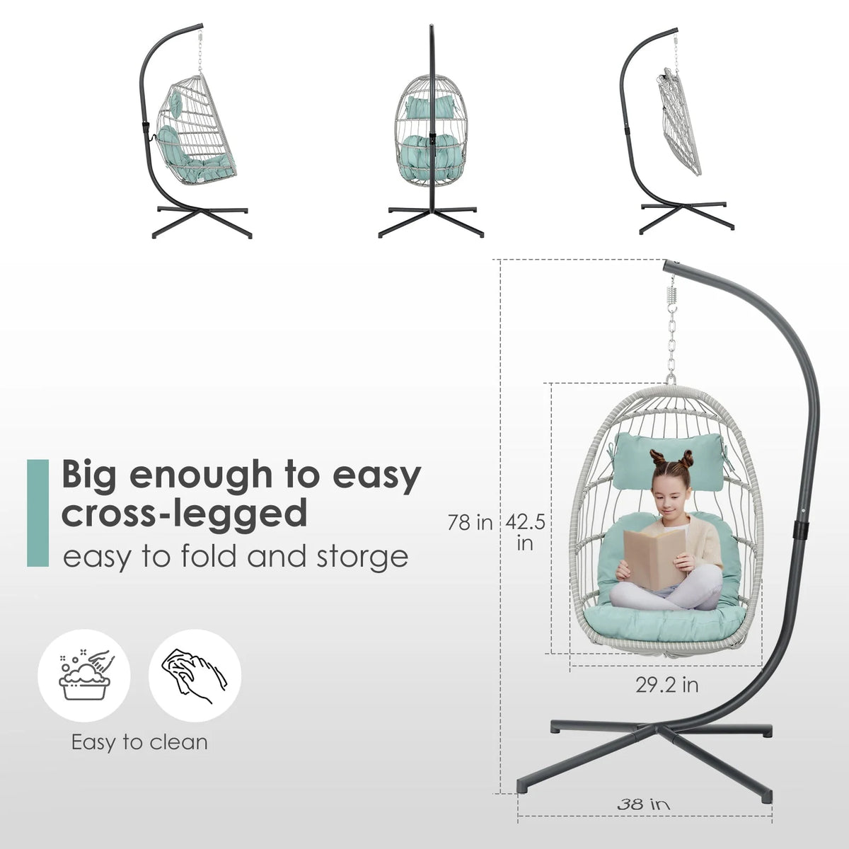 Hanging Egg Chair with Steel Stand and Fluffy Cushion, Lounge Wicker Iron Swing Chairs for Indoor Outdoor Patio Garden