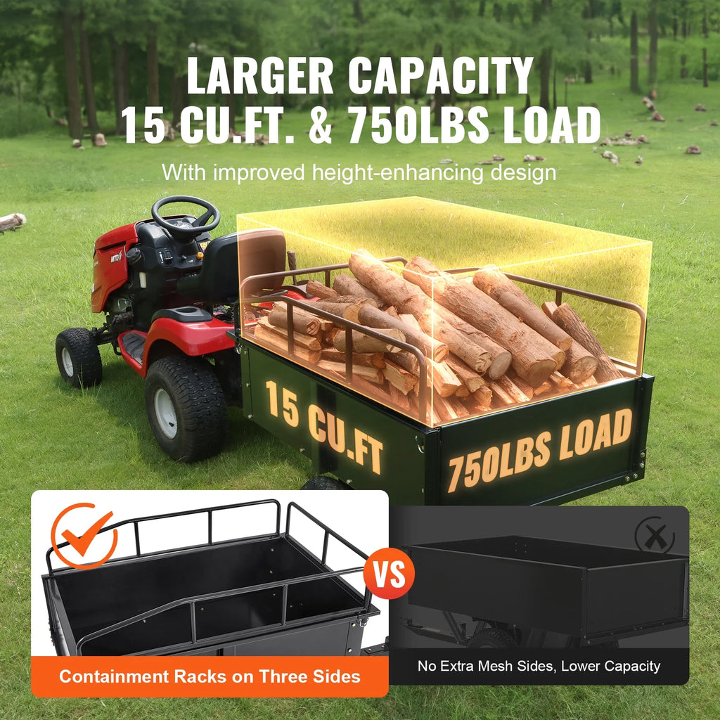 KFFKFF Dump Trailer Tow Behind Dump Cart 15 Cu. Ft. 750 lbs Heavy Duty ATV Trailer Steel Dump Cart, Steel Construction Garden Utility Trailer with Removable Sides