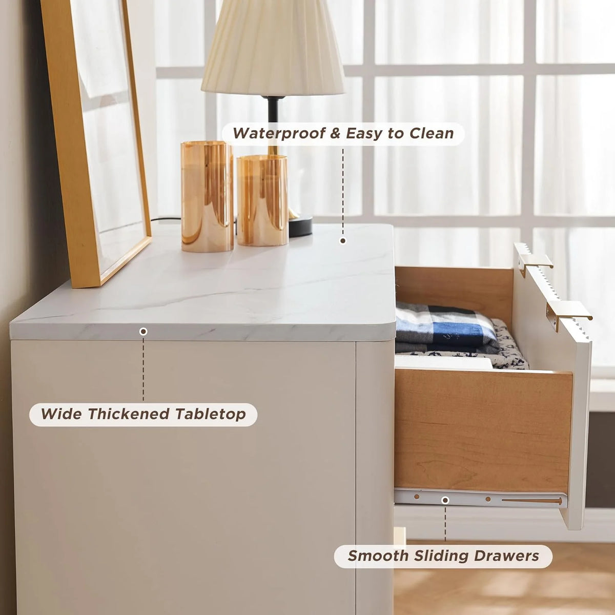 OKD 6 Drawer Dresser for Bedroom with Faux Marble Top, Modern Wood Chest of Drawers, Dresser Organizer, Natural Oak