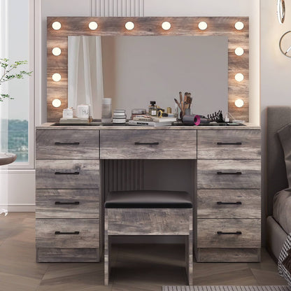Ktaxon Large Makeup Vanity, Vanity Table Set w/ Visible Glass Top w/ Charging Station, White