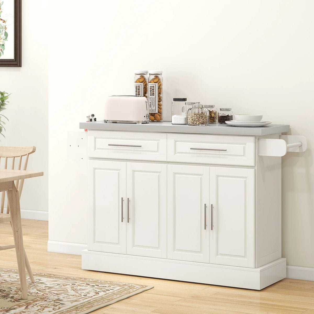 HOMCOM Multi-functional Rolling Kitchen Island Cart with Cabinets and Drawers, Portable Kitchen Storage Cabinet with Spice Rack, Towel Rack, Knife Rack, Steel Top