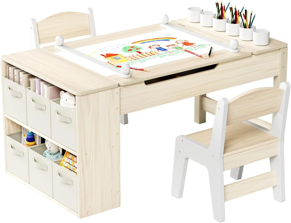 LAZY BUDDY Kids Art Table and 2 Chairs Set, 2 in 1 Easel & Toddler Craft Table and Chairs Set with Storage Bins, Paint Cups and Paper Roll, Activity Table Set for Children 3+