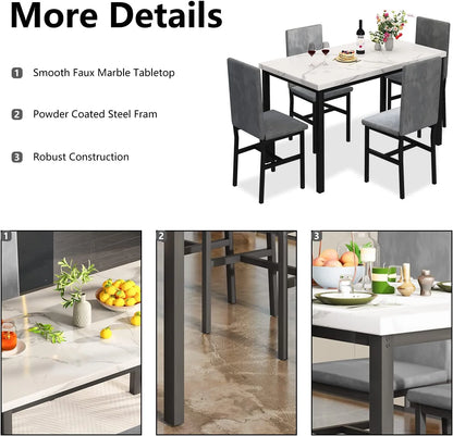 5 Piece Dining Set, Modern Dining Table and Chairs Set for 4, Counter Height Bar Table Set, Modern Pub Table with 4 Velvet Fabric Cushioned Stools, Faux Marble Dining Table & Stools Set, D9297