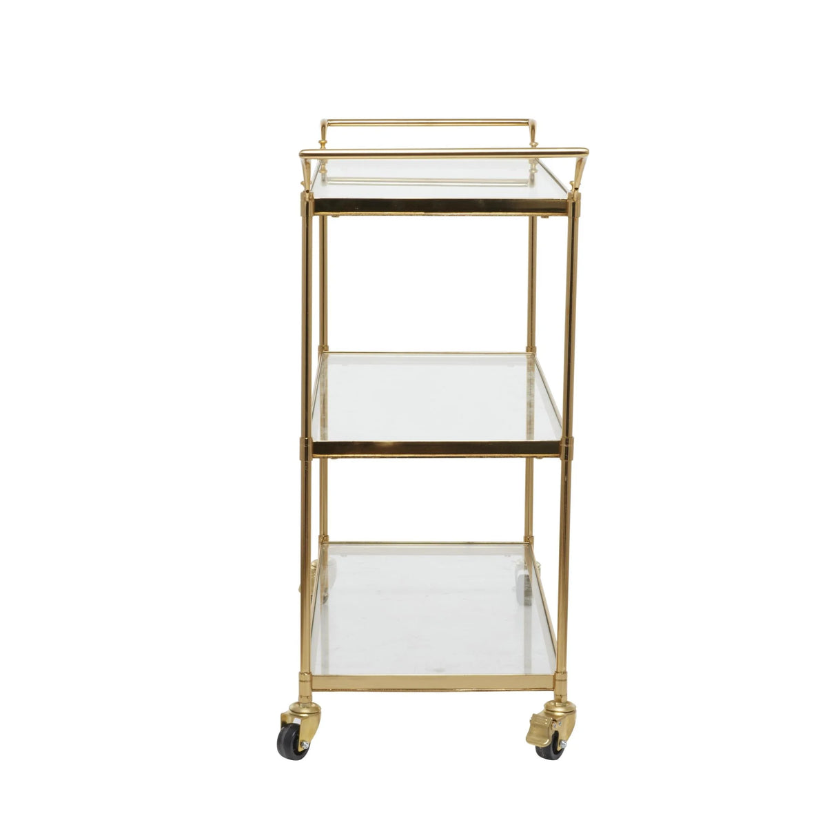 DecMode Traditional 3 Tier Gold Metal Bar Cart with Transparent Glass Shelves, 38"W x 31"H