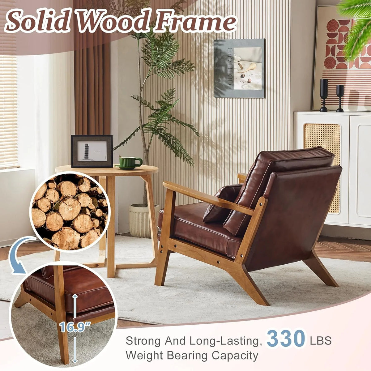 RWTFGV Solid Wood Wide Armrests Accent Chair,Upholstered Mid Century Modern Chair with Pillow,Comfy Reading Chair Farmhouse Arm Chair,Chairs Living Room,Bedroom,Guest Room,Linen Fabric,Beige