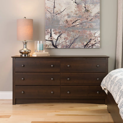 Prepac Fremont 6 Drawer Wooden Double Dresser, 16" x 59" x 29", Espresso