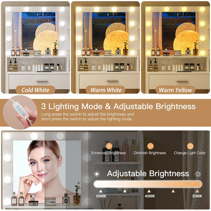 Makeup Vanity Desk with Mirror & Lights, Vanity Table with 5 Drawers & Storage Shelves, Makeup Vanity , 3 Color Modes & Adjustable Brightness Dressing Table, Bedroom, White