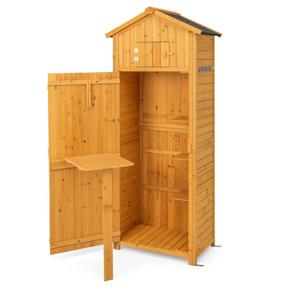 Costway Outdoor Lockable Wooden Storage Shed with Shelves, 71"x29.5"x20", Natural