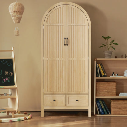 Oubayajia Arched Armoire Wardrobe Closet with Fluted Doors, Wooden Wardrobe Closet with Drawers, Shelves and Hanging Rod for Bedroom