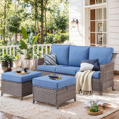 POCASSY Wicker Outdoor Couch, Brown Wicker Sofa Outdoor Furniture with All Weather Rattan and Olefin Cushion for Balcony, Backyard, Porch, Brown/Gray