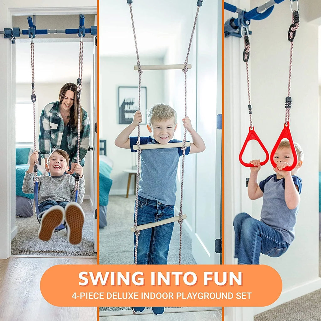 Gym1 - Deluxe Indoor Doorway Gym for Kids Playground Set - All in One Gym Set - Four Ways of Fun: Blue Indoor Swing, Plastic Rings, Climbing Ladder, and Pull Up Bar